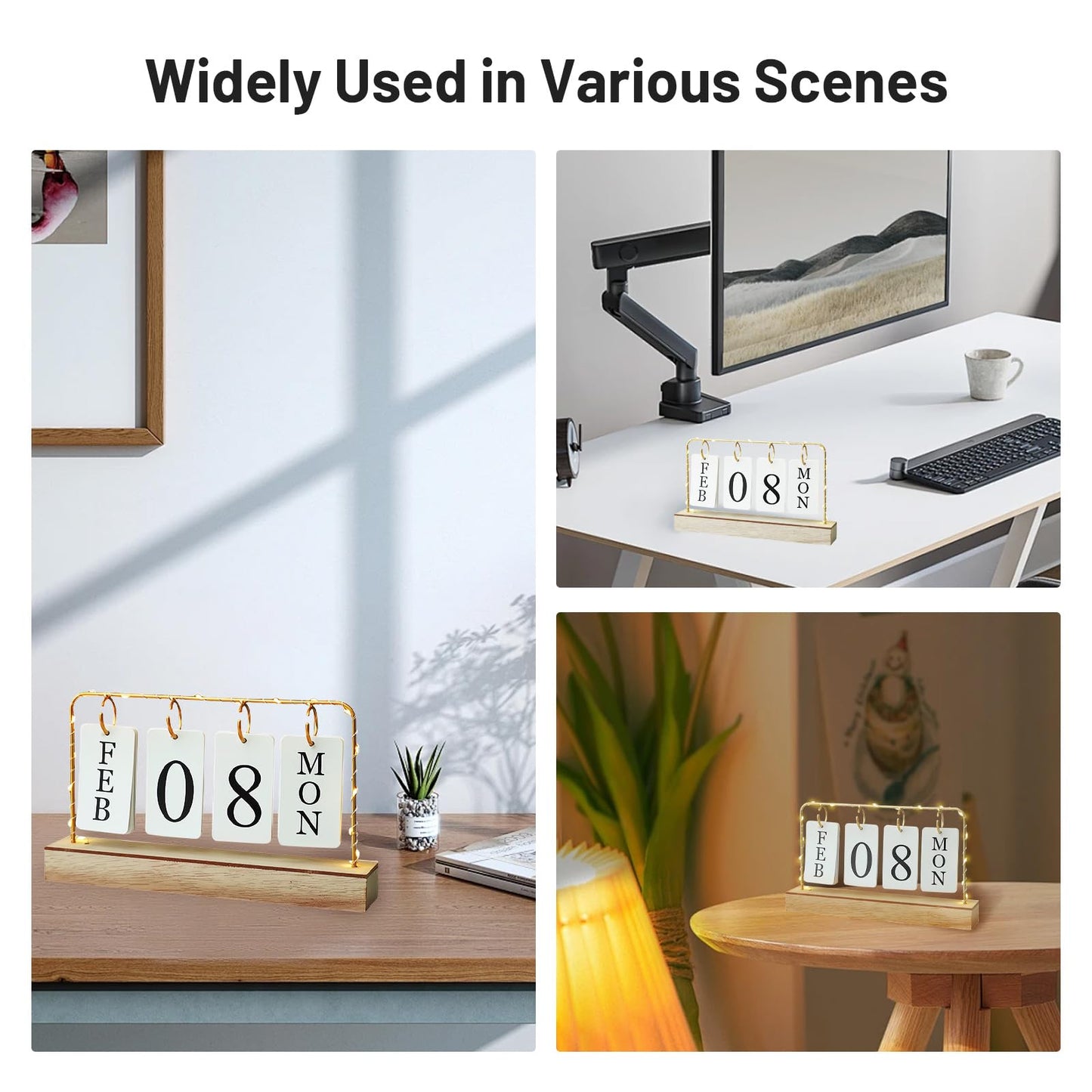 Flip Wooden Perpetual Calendar Gold Metal Stand with Paper Monthly Daily Calendar with Light For Daily Office Home Decor Reusable Office Accessory