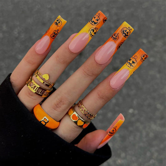 IMRAIN Pumpkins Press on Nails Long Square Fake Nails French Nail Tips Full Cover Cute Orange Yellow Ombre Glue on Nails Glossy Acrylic False Nails