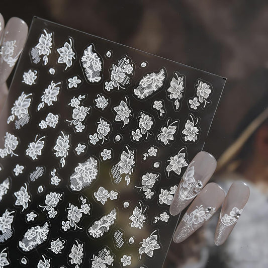 White Floral Lace Nail Stickers Spring - Elegant Self-Adhesive Nail Art Decals for Women, DIY Manicure Supplies 1 Sheet