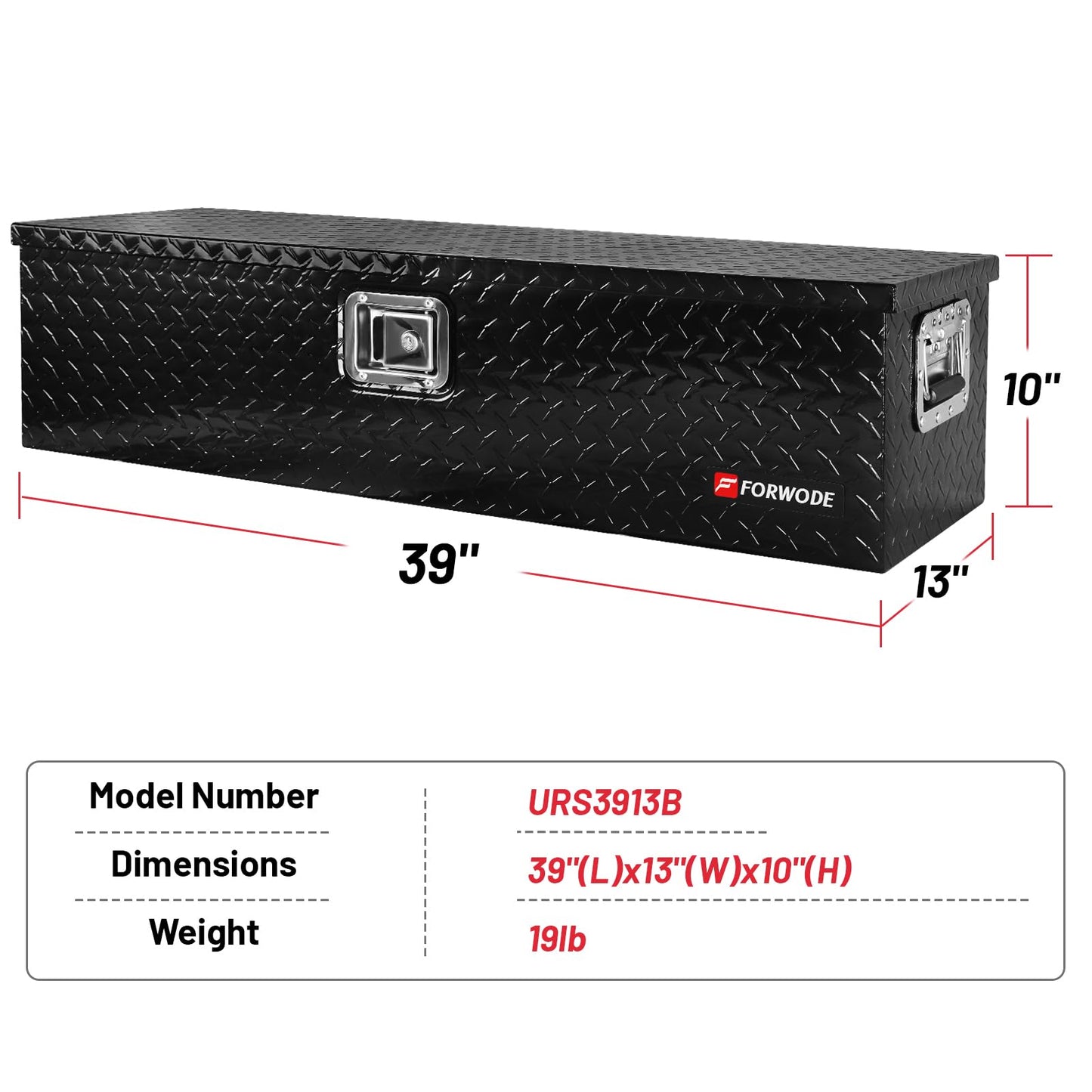 FORWODE 39 Inch Truck Bed Tool Box, Aluminum Heavy Duty Trailer Tool Box for Pickup Truck Bed RV, Toolbox Storage box with Handle and Lock - Black