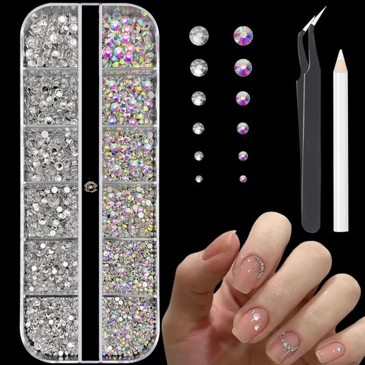 Flatback Rhinestones Nail Gems with Pickup Pencil and Tweezers, Silver Clear &Transparent AB Crystals Nail Charms Face gems, Glass Rhinestones for Nail Art Face Makeup and Manicure Decor
