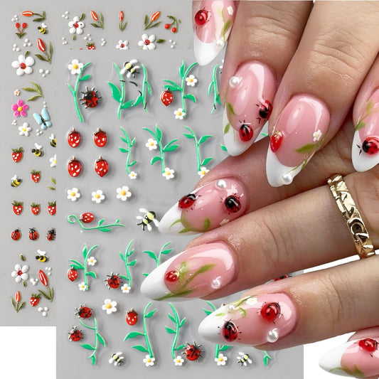 Spirng Nail Stickers for Nail Art 5D Embossed Cute Ladybug Nail Decals Flower Nail Art Stickers Strawberry Leaf Nail Design Summer Nail Art Supplies for Women Girls 2 Sheets