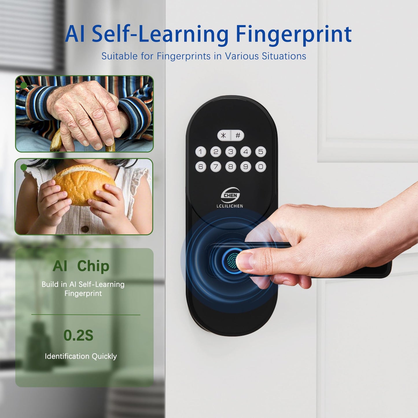 CHEN LCLILICHEN Keyless Entry Door Lock with Handle, Smart Fingerprint Deadbolt, APP Control & Keypad Password Unlock for Front Door, Home, Apartment