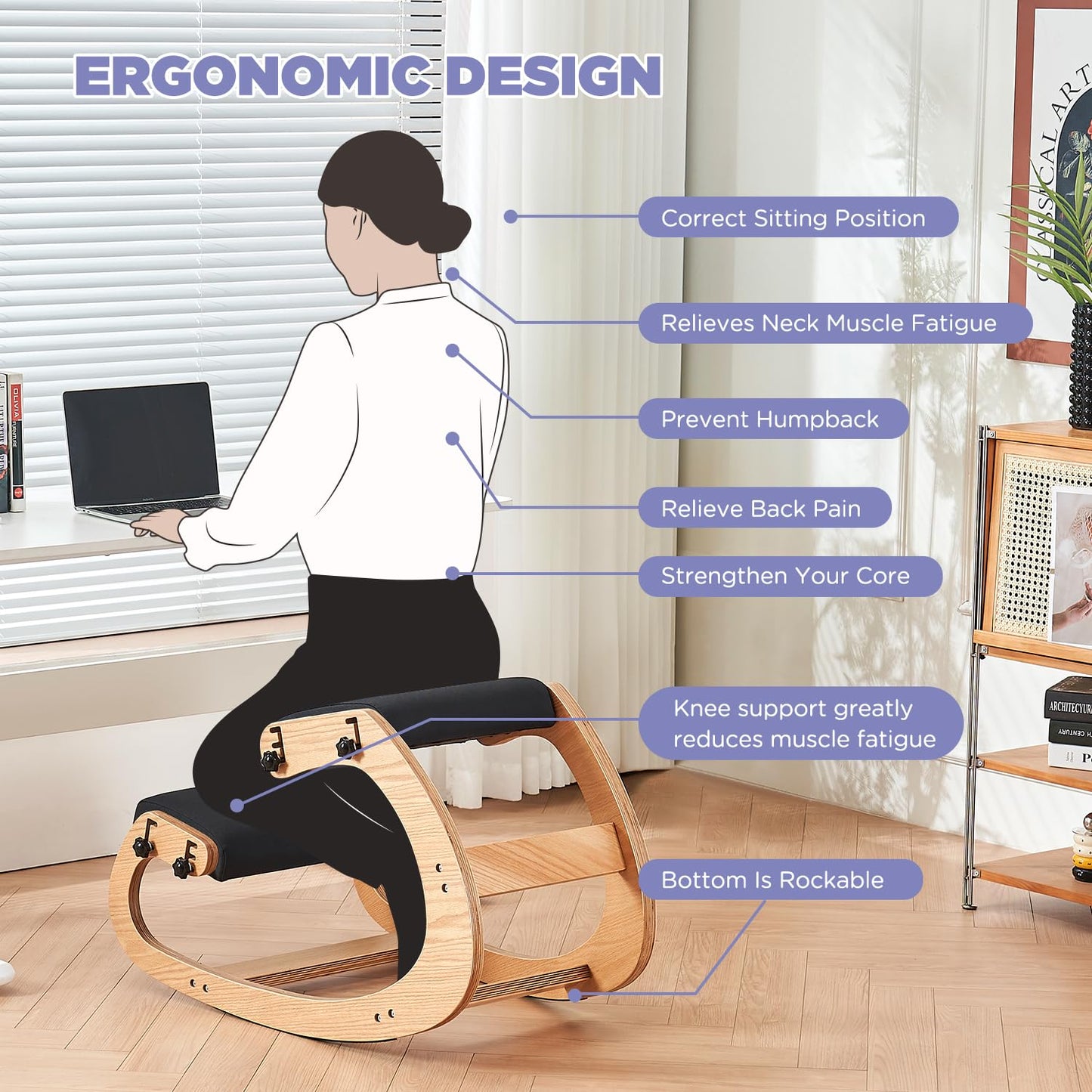 MoomJiee Ergonomic Kneeling Chair,Adjustable Rocking Knee Chair for Home Office,Wooden Office Chair for Back Pain Relief, Black