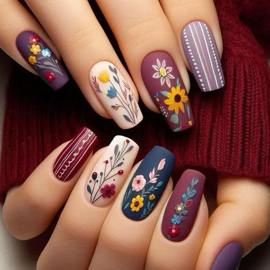 Press On Nails Medium Coffin Fake Nails with Floral Designs Blue Nails Matte Glue on Nails 24Pcs