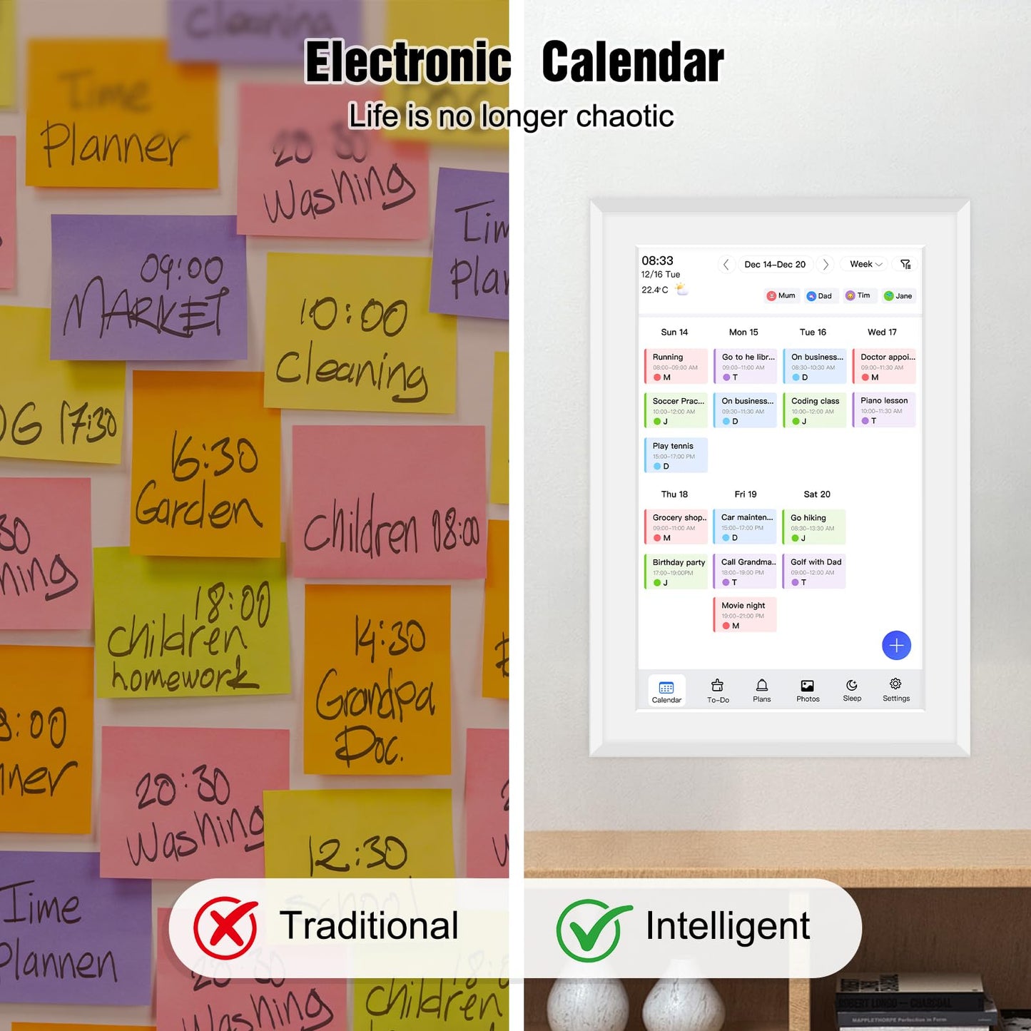 10.1" Smart Digital Calendar and Cloud Photo Frame Wall Planner with Chore Charts Meal Planning 32GB Storage 1280x800P IPS Touchscreen Desk Calendar Interactive Display for Family Schedules White