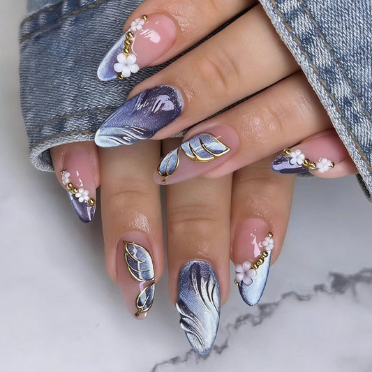 Almond Press on Nails French Tip Fake Nails Full Cover Medium False Nails with 3D White Flowers Gold Beads Design Shiny Blue Butterfly Nail Tips Glue on Nails Spring Summer Stick on Nails for Women