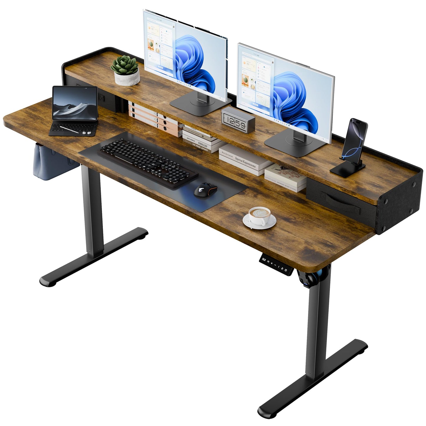 YESHOMY 63" x 23" Electric Standing Desk with 2 Drawers, Height Adjustable Computer Desk, Low Noise Home Office Stand Up Desk with 2 Preset Heights & 2 Hooks, Rustic Brown