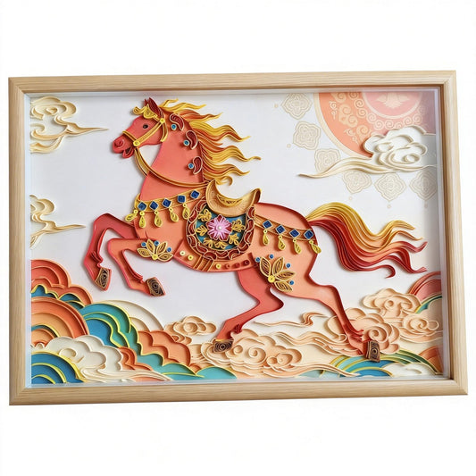 Handmade 3D Quilling Wall Art, 2026 Year of the Horse Auspicious Home Decor, Premium Eco-Friendly Solid Natural Wood Frame with Acrylic Panel, Unique Horse Treading on Clouds Artwork for Living Room Office, Luck & Success Gift (A3 Size 297×420mm)