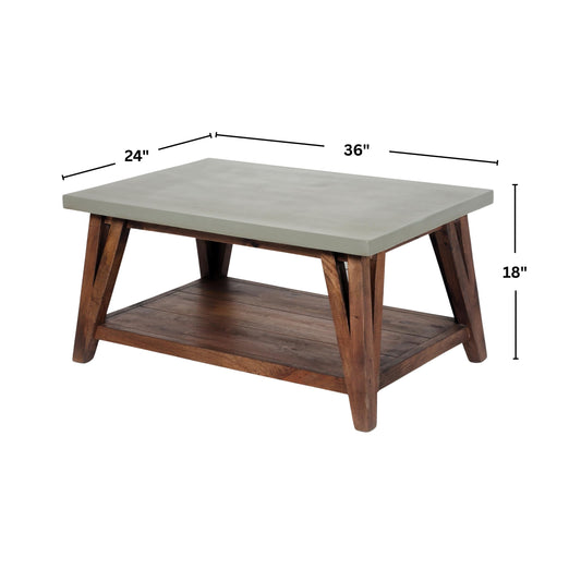 Alaterre Furniture Brookside Coffee Table with Lower Shelf – Modern Rustic Farmhouse 36-Inch Living Room Table with Solid Wood Base and Concrete-Coated Top (Brown and Light Gray)