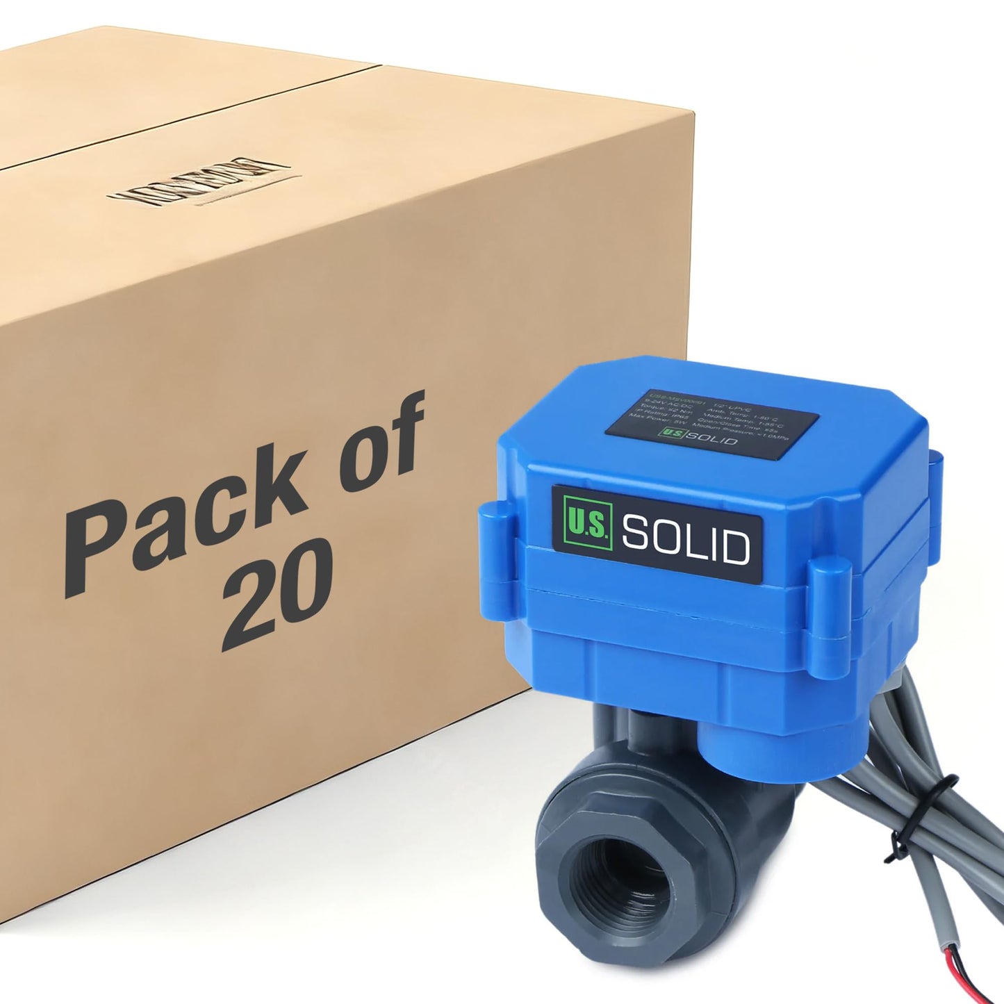 U.S. Solid 1/2” UPVC Motorized Ball Valve - Plastic Electrical Ball Valve with Full Port, 2 Wire Auto Return, 9-36V AC/DC, Normally Closed(Pack of 20)