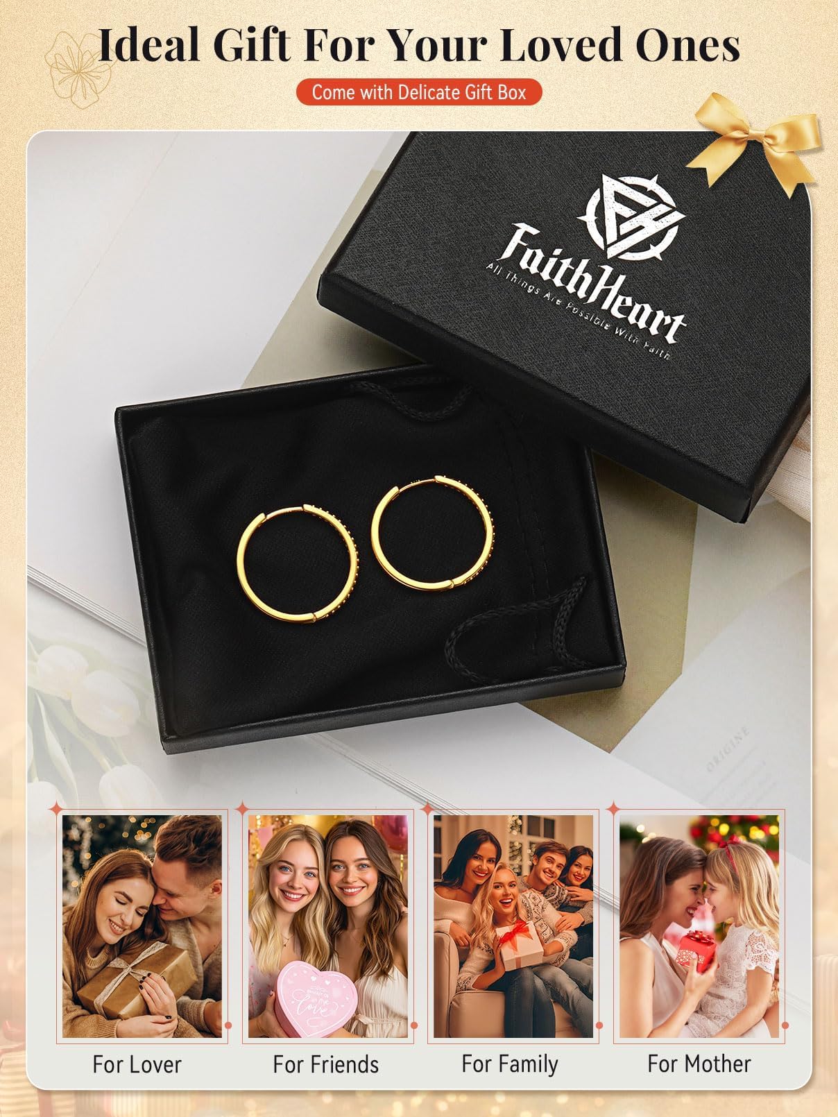 FaithHeart Cubic Zirconia Hoop Earrings for Women, 14K Gold Hypoallergenic Huggie Hoop Earrings, Small Cartilage Earrings for Women 8mm, Send Gift Box