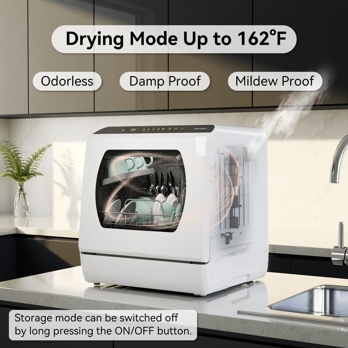 Hermitlux Portable Countertop Dishwashes, 5 Washing Programs Mini Dishwasher with 5-Liter Built-in Water Tank for Apartments & RVs, Tabletop Dishwasher with LED Light & Glass Door, No Hookup Needed