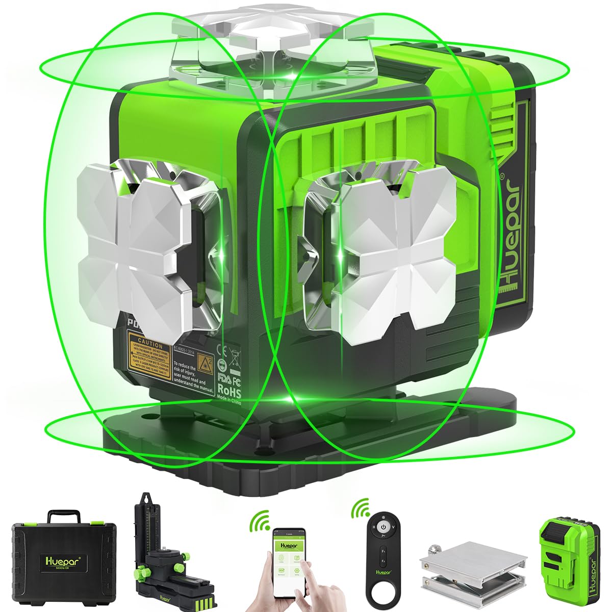 Huepar 12V 4x360 Laser Level Self Leveling with Bluetooth and Remote Control, 4D Green Cross Line Laser, 16 Lines Lazer Leveler Tool for Construction, Upgrraded Bracket, Removable Battery P04CG