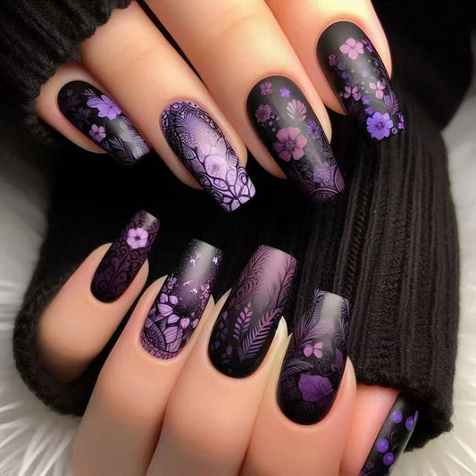 24pcs Flower Press on Nails Medium Length Fake Nails with designs Black Purple Acrylic Full Cover Coffin False Nails Matte Floral Stick on Nail Reusable Gel Glue on Nails for Women Girls Finger Decor