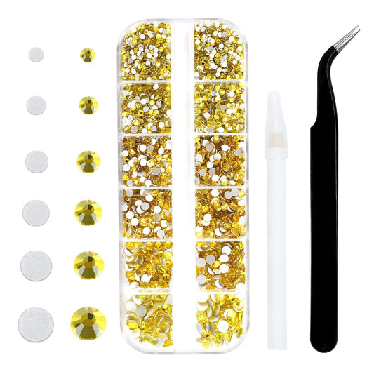 Meibite Yellow Glass Flatback Rhinestones for Nails, Crafts & Clothes – 4240PCS 6 Sizes (SS6–SS20) Crystal Gems Kit with Tweezers & Picker, Non Hotfix DIY Rhinestones for Tumblers, Shoes, Nail Art