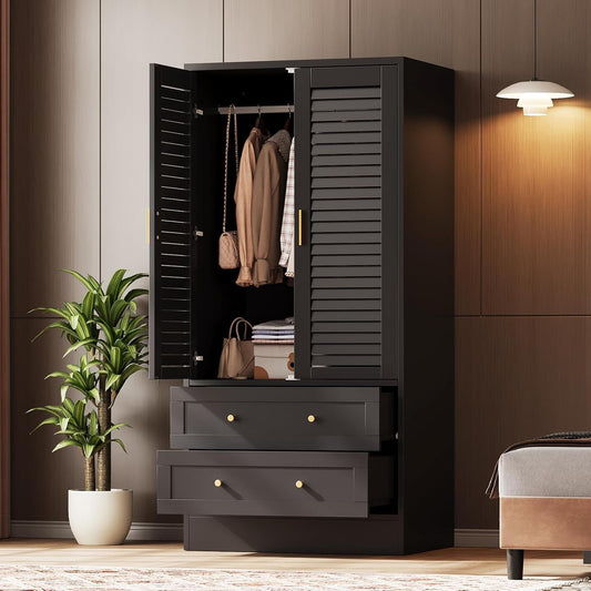 Garvee 65" Louvered Armoire Wardrobe Closet with 2 Doors and 2 Drawers, Large Capacity Storage, Wooden Wardrobe Cabinet with Hanging Rod for Bedroom, Cloak Room, Laundry Room, Entrance Hall, Black