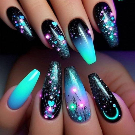 Starry Sky Press on Nails Nebula Acrylic Full Cover Fake Nails Milky Way Stick on Nail 24Pcs Glossy Blue Gradient Medium Coffin False Nail Purple Ombre Gel Glue on Fingernails for Holiday Manicure Art
