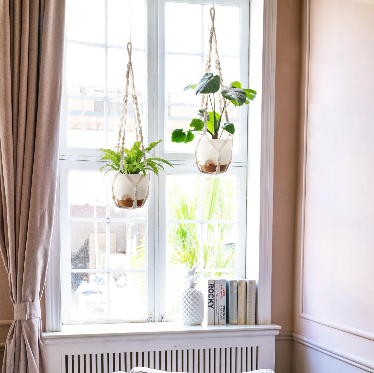 Mkono 7.5 Inch Hanging Planters, Macrame Plant Hangers with Self Watering Plant Pots Indoor Set of 2 Hanging Baskets Flower Pot Holders with Hooks No Tassels for Boho Home Decor, Ivory