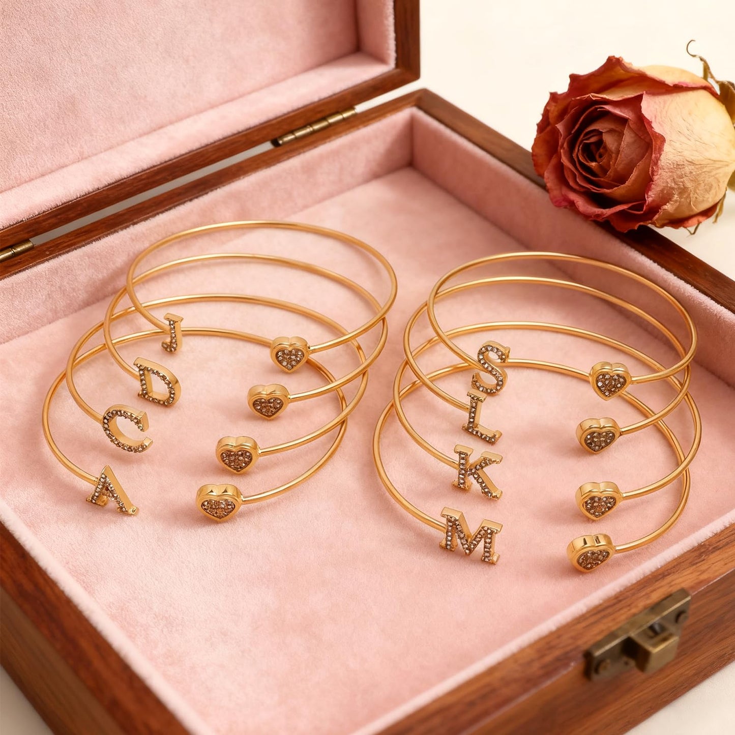 BXDA Trendy Gold Plated Heart Initial J Cuff Bangle Bracelet for Women, Handmade Statement Cubic Zirconia Stackable Open Letter Bracelets Fashion Jewelry Accessories Gift