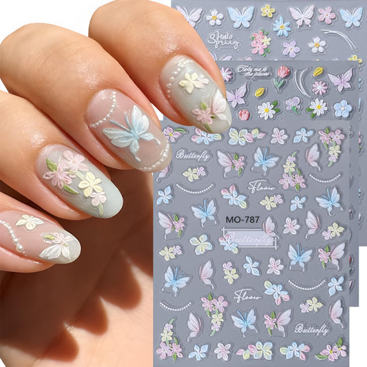 3Sheet Spring Nail Stickers 5D Embossed Colorful Nail Art Stickers Decals with Daisy Flower Butterfly Design Nail Sticker for Nail Art Self-Adhesive Nail Supplies for Women Manicure Decor