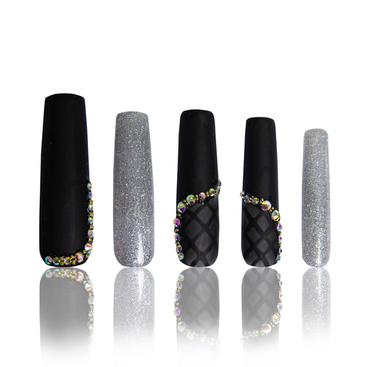 LOVFUL Press on Nails Black Lace| Handmade with Full Covered Crystals| Reusable Fake Nails| Square Mid length 1.7in| H114-S