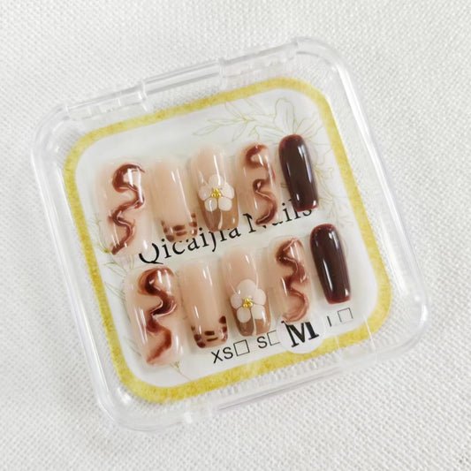 Medium Press on Nails Square Luxury Handmade Fake Nails Brown French Tip Acrylic Nails Press ons with Design False Nails Sparkly Full Cover Artificial Stick on Nail for Women 10Pcs(Size M)