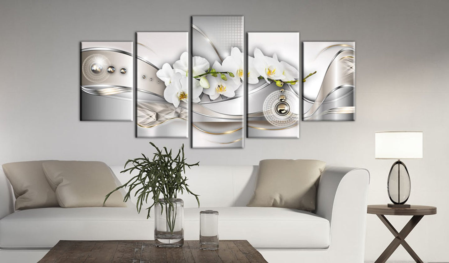 Vibrant Flower Pearl Orchids Canvas Wall Art Modern Decor 5 Pieces Print Painting White Floral HD Picture Bedroom Living Room Framed Ready to Hang