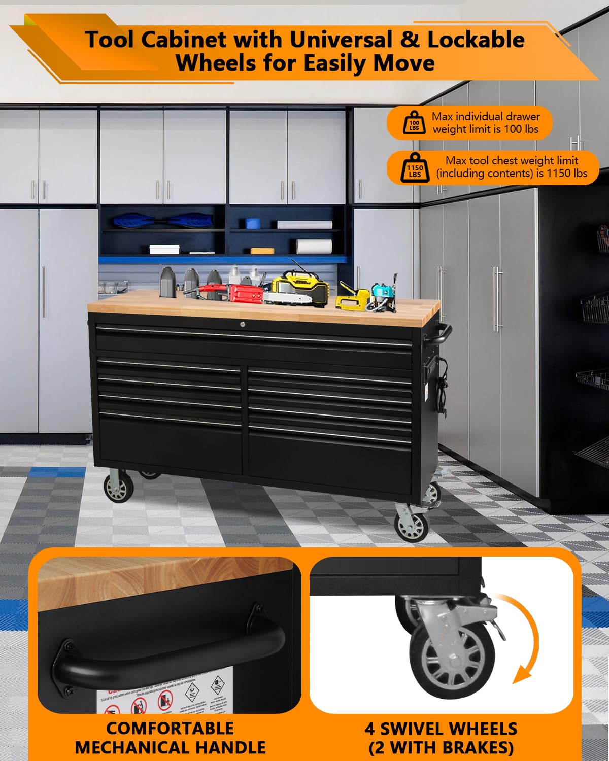 61-Inch Heavy-Duty Rolling Tool Chest & Mobile Workbench with 9 Drawers, Rubber Wood Tabletop, Key Locking System and Drawer Liners, Steel Storage Cabinet for Garage, Workshop, Warehouse Repair