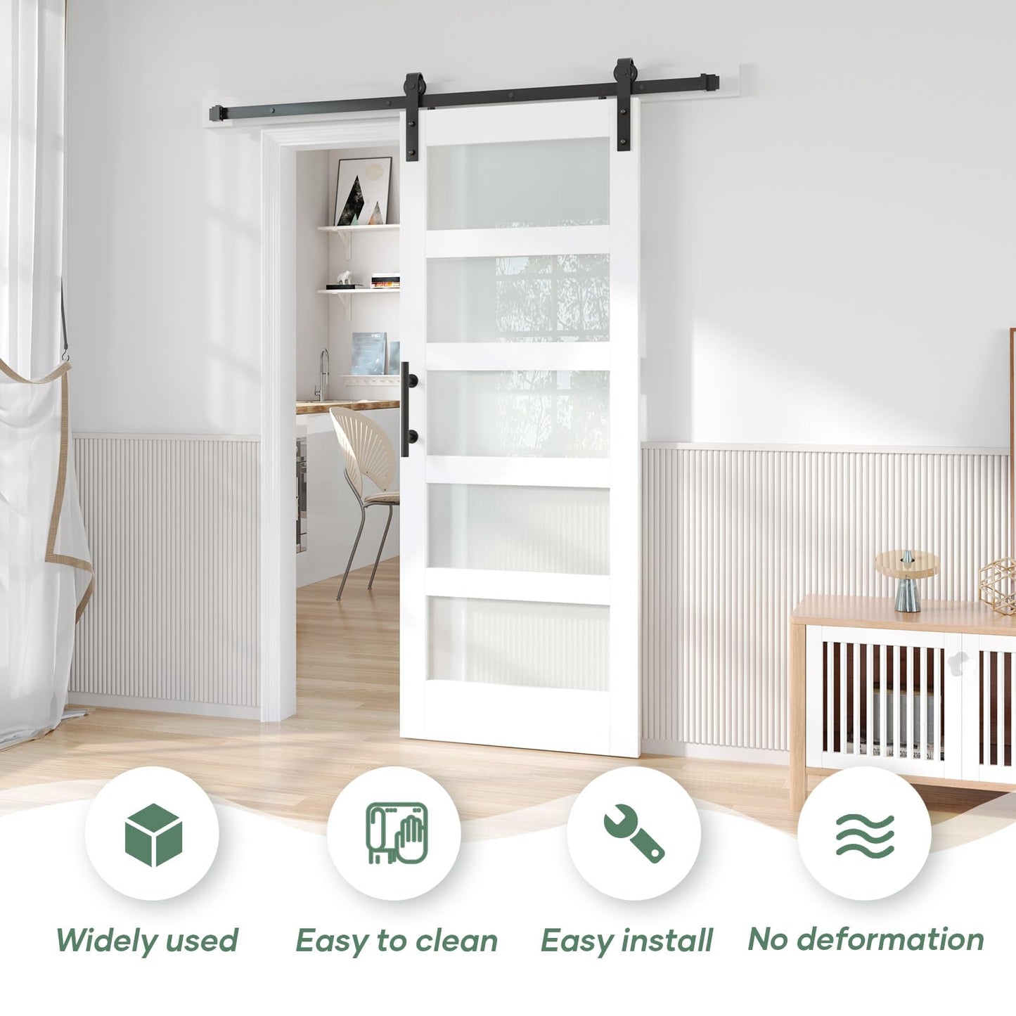 Fredbeck 30x80 White Glass Barn Door with 5.5FT 66inch Sliding Doors Hardware Kit Included,PVC Surface,Water-Proof,Water-Proof,Easy to Assembly
