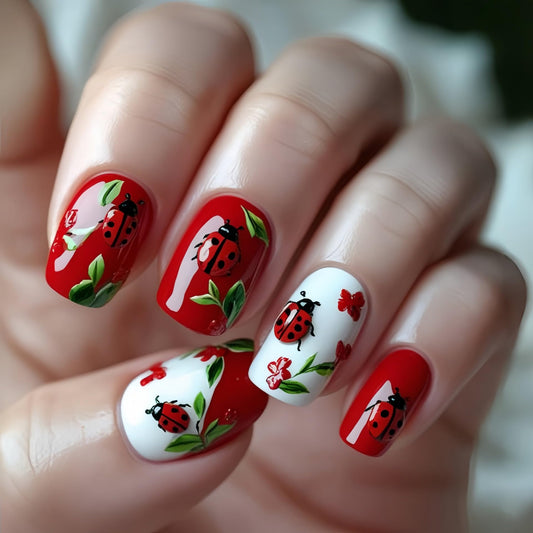 Cute Press on Nails Red Ladybug Leaves Design Square Short for Women Glossy Fake Nail Acrylic Full Cover Stick on Nails Manicure Decoration Reusable False Nail 24PCS 12 Sizes Kit Gift
