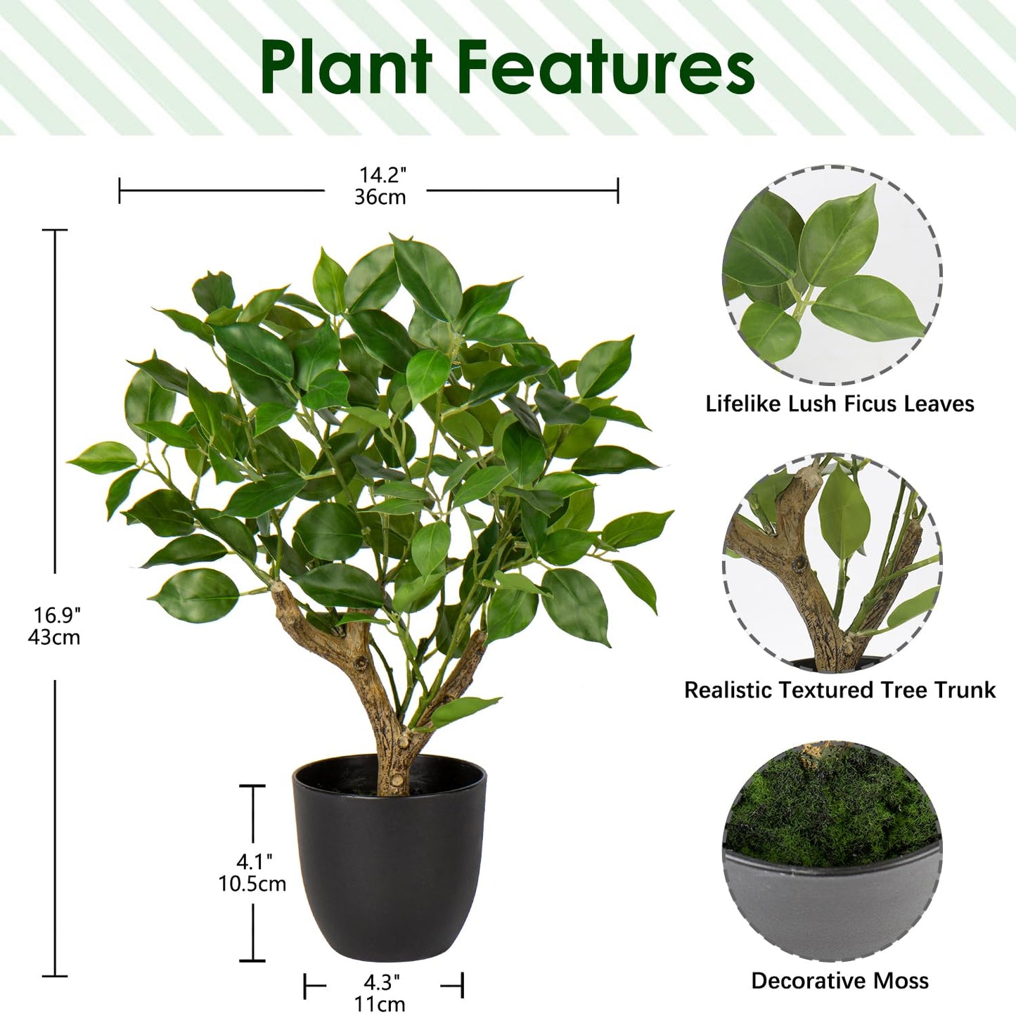 GnFlus Artificial Tree, 17'' Ficus Bonsai, Premium Faux Planted Potted Decor for Home Table Office Desk Bathroom Bedroom Living Room Farmhouse