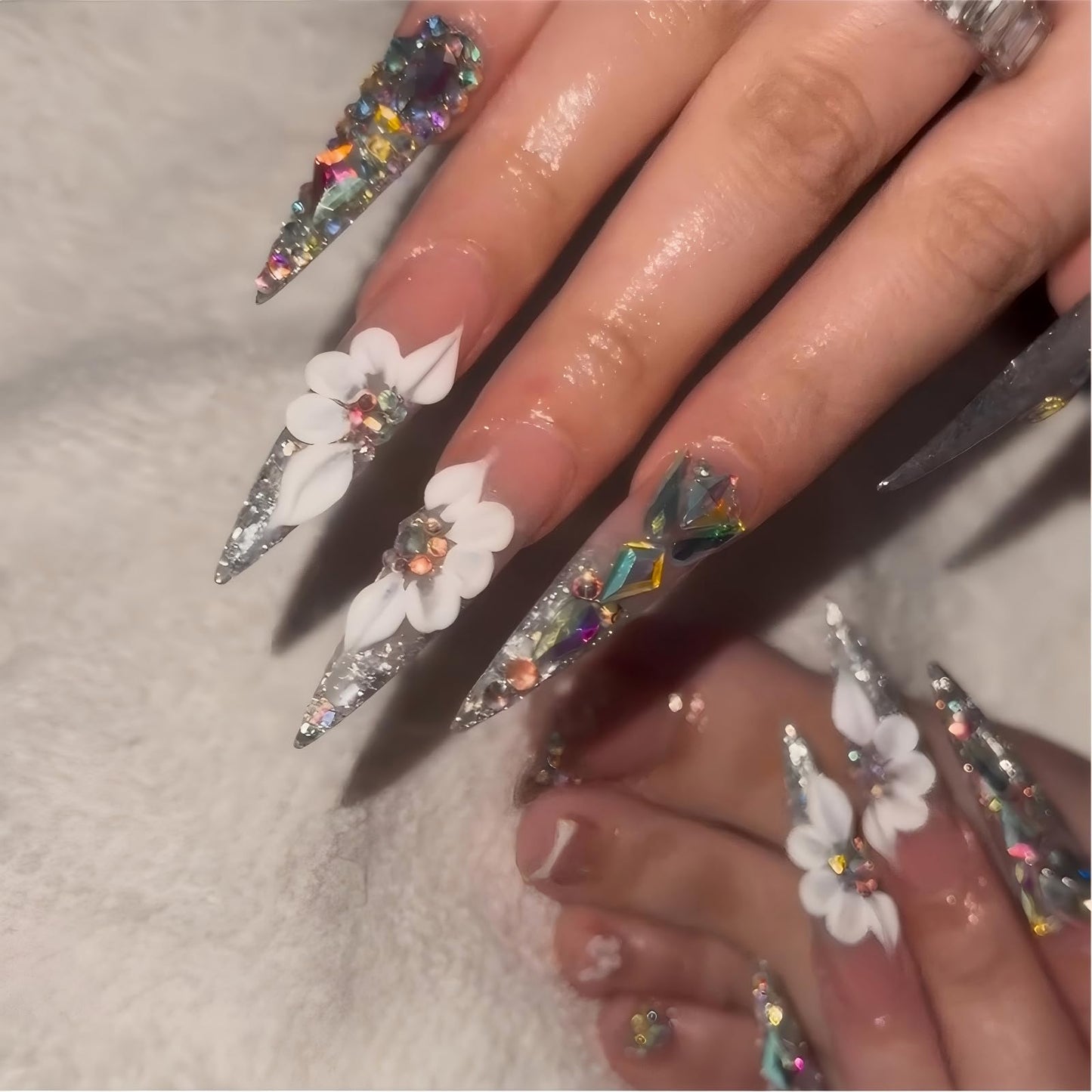 Long Handmade Press on Nails Almond Tip False Nails Summer 3D Flowers Nails Press Ons with Full Diamond Design Reusable Fake Nails Luxury Full Cover Stick on Nail for Women Manicure 10Pcs (Size M)