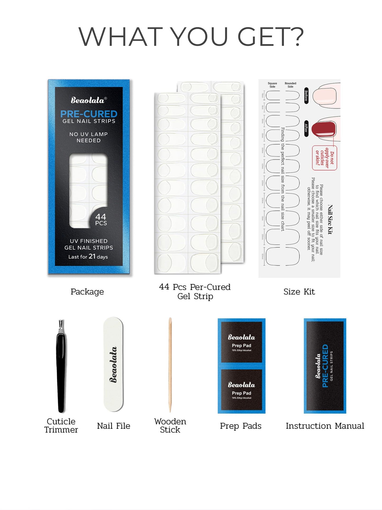 Beaolata Real Gel Nail Strips (No UV Light Needed) - 44Pcs Salon Quality Nail Stickers - Long Lasting Polish Wraps for Women, Easy Apply & Remove (Dawn White)