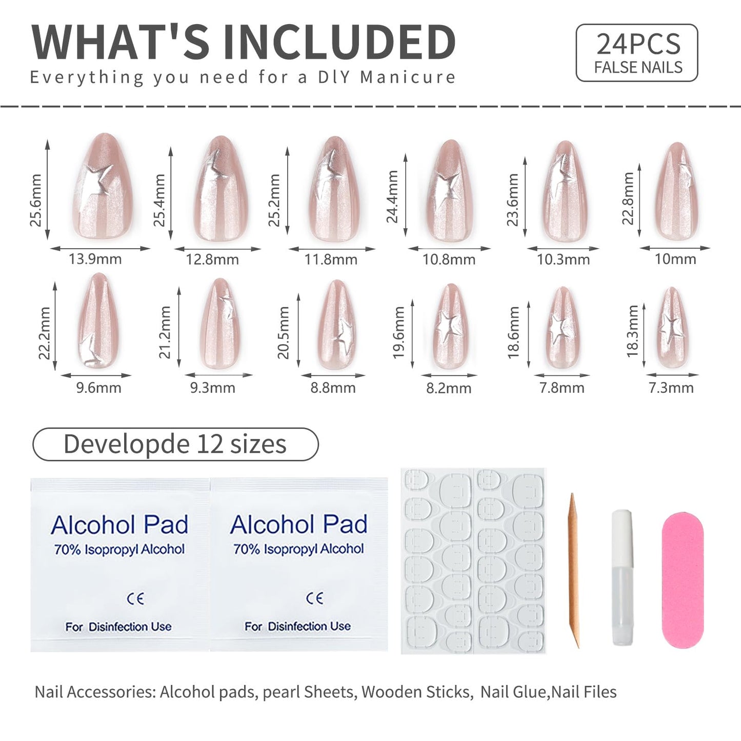 Mivota Medium Press on Nails Almond Cat Eye Nude Fake Nails Glossy Glue On Nails with 3D Silver Star Nail Art Designs, Decorative Thick Reusable Glossy Full Cover Stick on Nails for Women 24Pcs