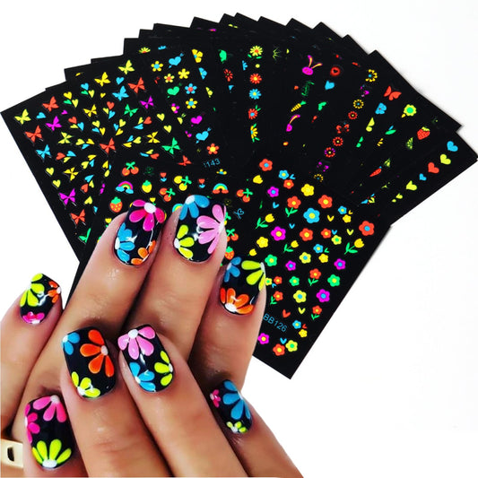 24 Sheets Fluorescence Flower Nail Art Sticker Decals 3D Glow in Dark Bright-Coloured Daisy Design Nail Decals Colorful Floral Butterfly Nail Supplies Stars Heart Fruit for Women DIY Nail Decoration