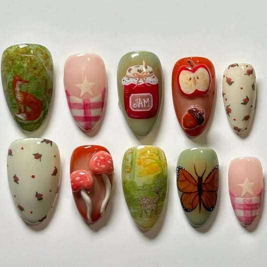 BABALAL Press On Nails, Medium Almond Fake Nails, Forest With Mushroom Apple & Butterfly, Colorful Anime Y2k Glue On Nails For Women And Girls 24Pcs