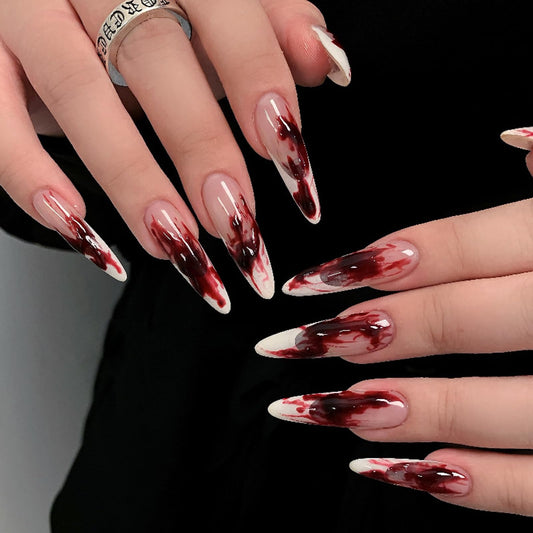 IMSOHOT Long Stiletto Press on Nails Red Ombre White French Tips Fake Nails Glossy Acrylic False Nails Full Cover Halloween Nail Supplies Glue on Nails for Women 24Pcs