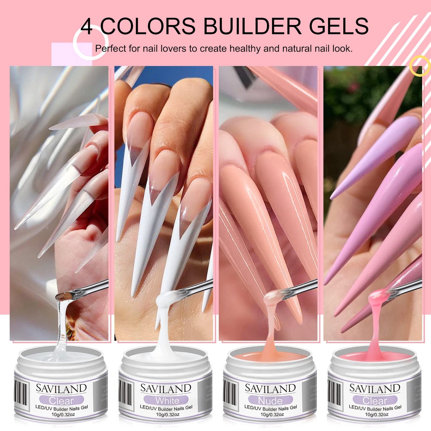 SAVILAND Builder Nail Gel Kit: 4 Color U V Hard Gels Clear White Pink Nudes for Nail Extension Strengthening Sculpting and Building with 100 Nail Forms Brush Pen Base & Top Gels for Nail Art Home DIY