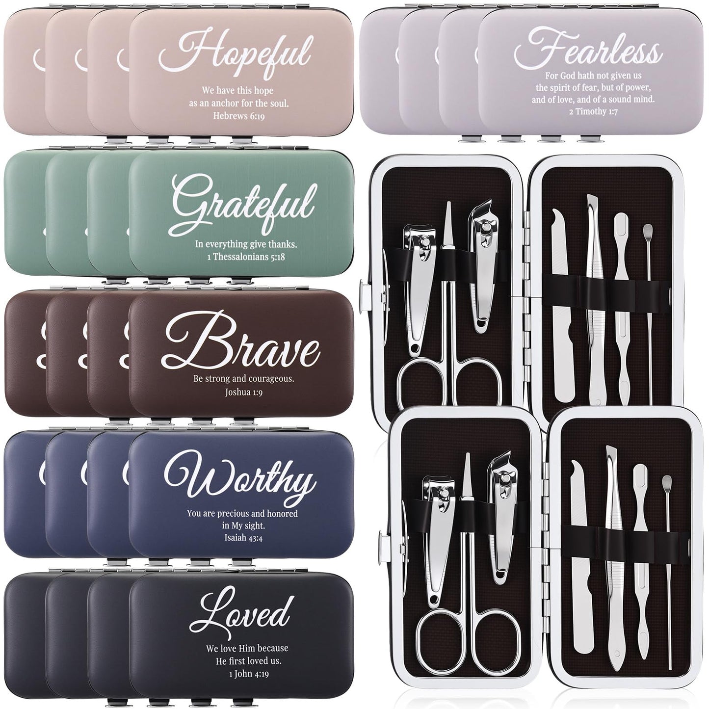 ElaraBerry 24 Set Christian Manicure Gift Set for Women Inspirational Bible Verse Stainless Steel Nail Clippers 7 in 1 Grooming Nail Kit Religious Appreciation Gift for Employee Teacher Mother Nurse