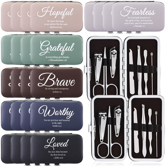 ElaraBerry 24 Set Christian Manicure Gift Set for Women Inspirational Bible Verse Stainless Steel Nail Clippers 7 in 1 Grooming Nail Kit Religious Appreciation Gift for Employee Teacher Mother Nurse