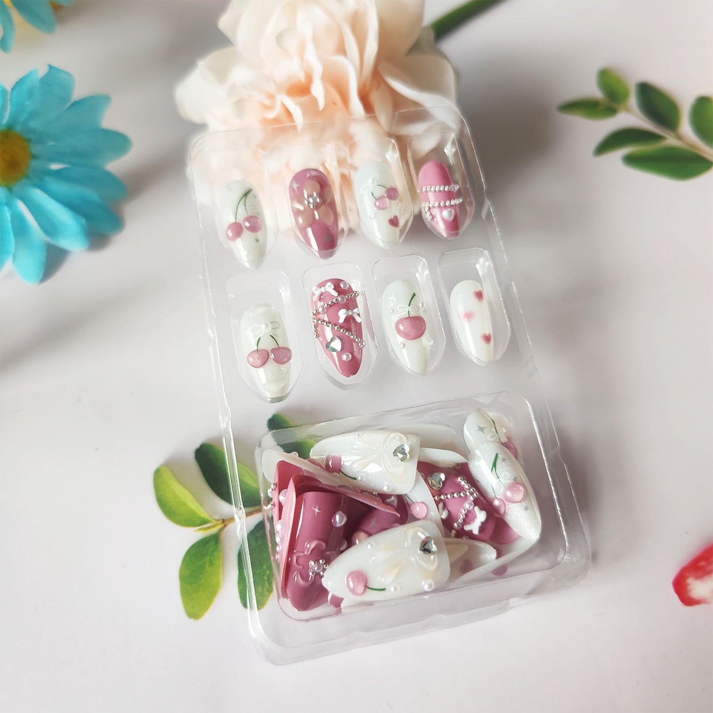3D Flower Acrylic Fake Nail HZJXRT Press on Nails Glossy Spark Pink Stick on Fingernail 24 Pcs Love Heart Rhinestones Gel Glue on Nail Cherry Medium Almond False Nails for Coquette Women Gift