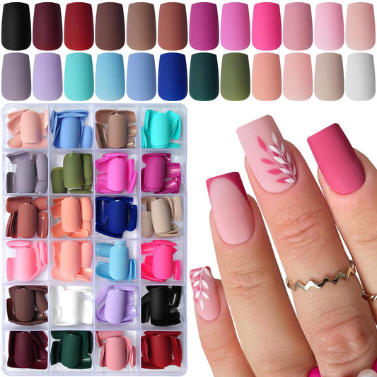 LoveOurHome 576pc Square Press on Nails Medium Fake Nails Matte Glue on Nail Medium Acrylic Nails Press ons Nail Square Artificial Fingernails Stick Presson Nail Tips for Women Girls