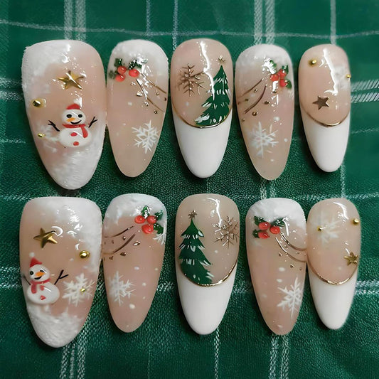 24Pcs Christmas Press on Nails Medium Almond Fake Nails 3D Star Xmas Tree Holly Snowmen Design Winter Glue on Nails French Tip False Nails Gold White Snowflake Acrylic Stick on Nail for Women Manicure