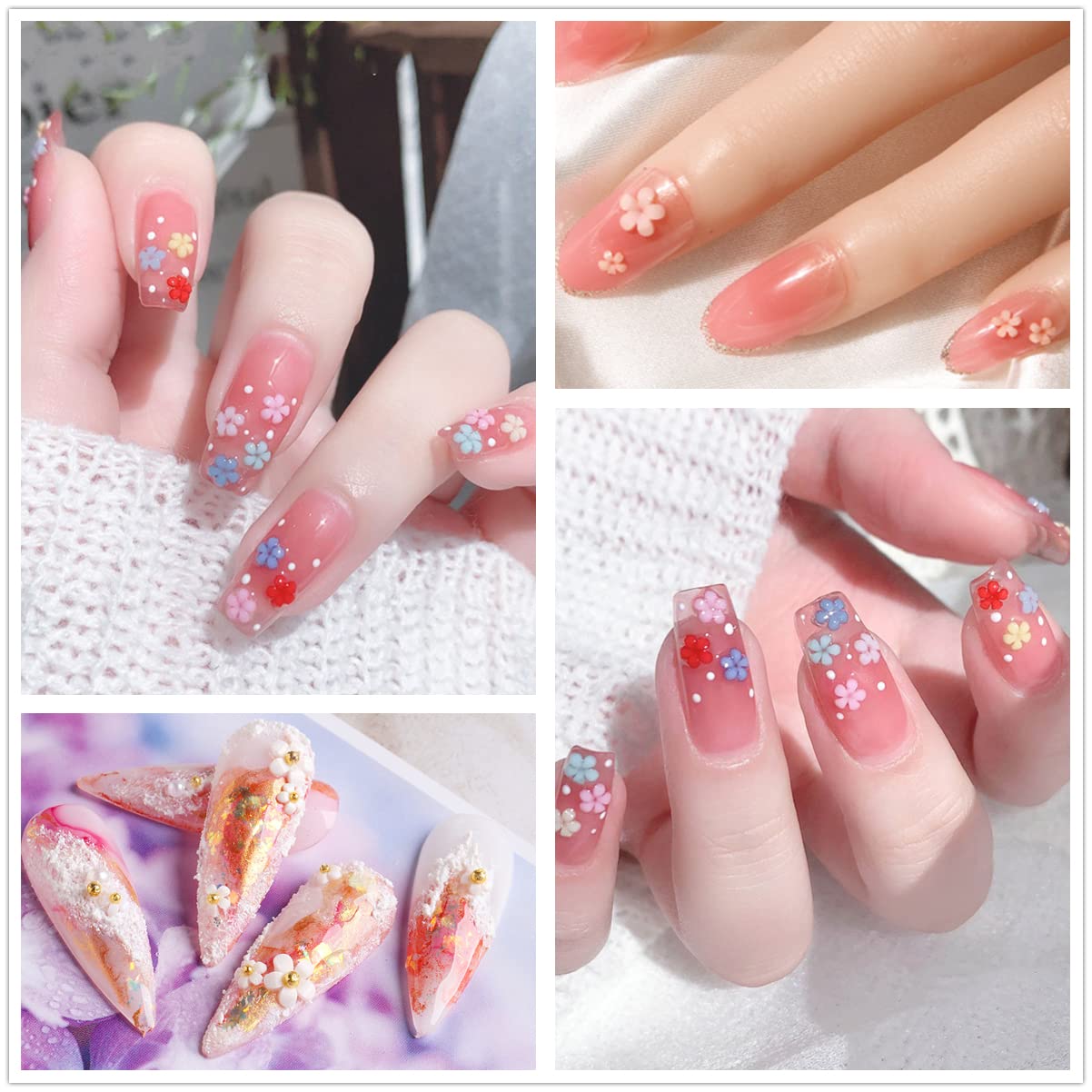 3D Colorful Flower Nail Art Charms, White Pink Acrylic Cherry Blossom Spring Petal Metal Gold Silver Round Caviar Beads Studs Pearl Rhinestones for Manicure Craft DIY (7-K3-solid)