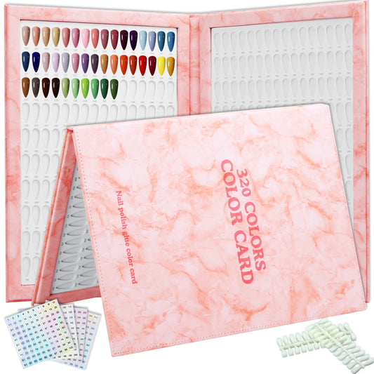 C12rtive 320 Nail Color Book,with 480 Flase Tips & 1-400 Number Sticker Labels,Leather Professional Nail Color Swatches Book for Polish UV Gel(Pink)