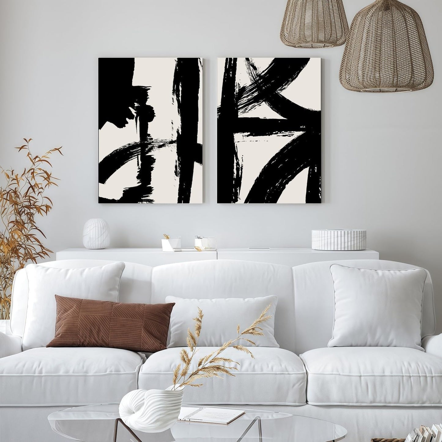 2Pcs Framed Abstract Black and White Canvas Wall Art Minimalist Brushstroke Line Prints Modern Home Gallery Style Painting Posters Picture Bedroom Living Room Office 16x24 Inch Ready to Hang
