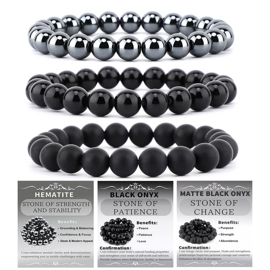 NCB 3-Piece 8mm Natural Crystal Gemstone Stretch Bracelets – ﻿Black Onyx, Hematite, Matte Black Agate Handmade Reiki Energy Healing Jewelry for Meditation,Yoga, Unisex