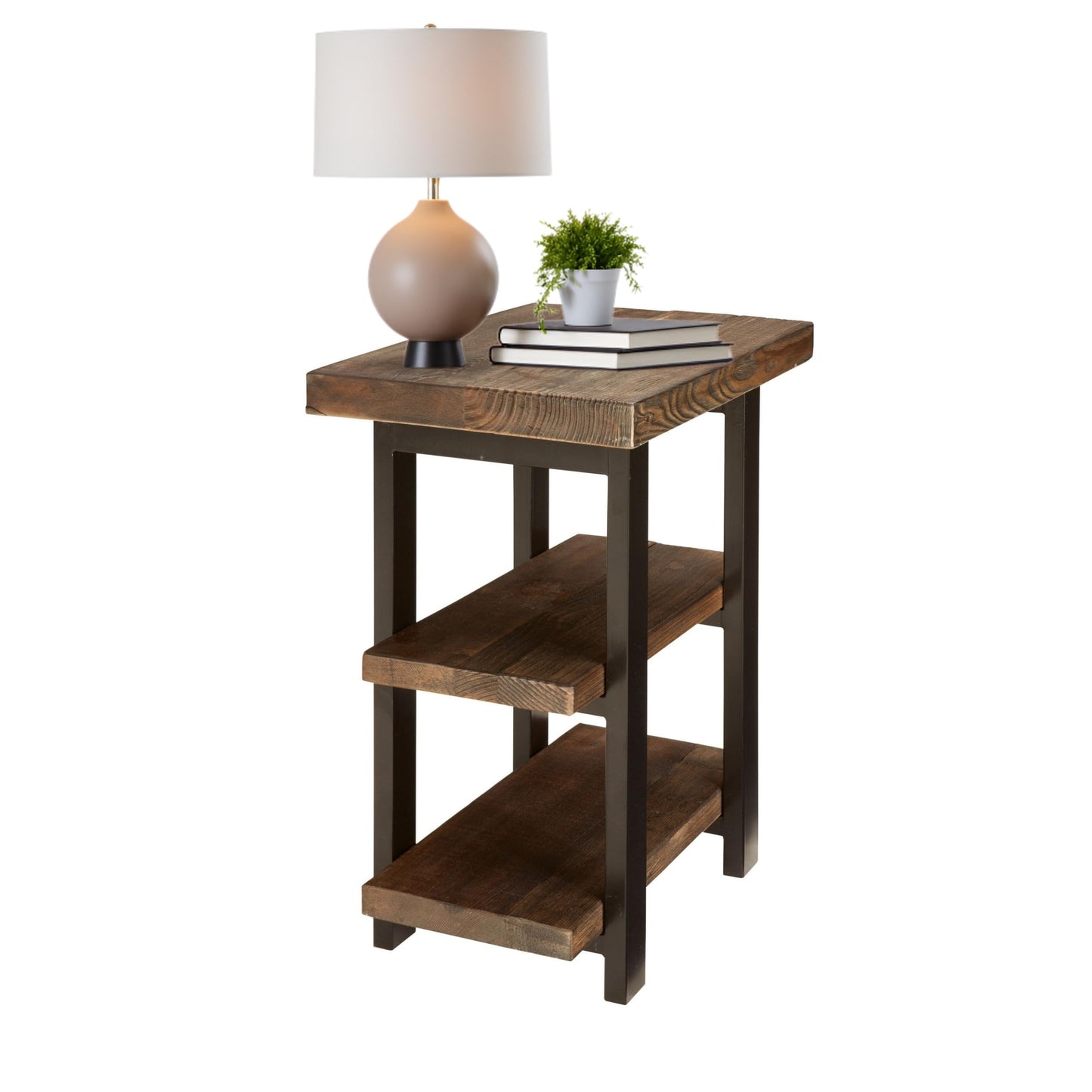 Alaterre Furniture Pomona Living Room 3-Tier Solid Wood End Table with Metal Legs & Storage Shelves – Modern Rustic Industrial Space-Saving Side Table or Nightstand (Rustic Brown)