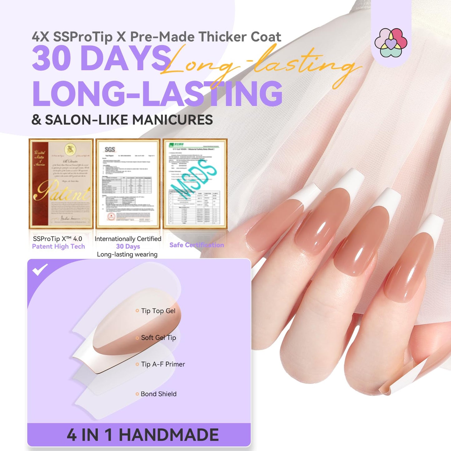 SAVILAND French Tip Press On Nails 160 Pcs: 4X Press On French Tip Nails Pre-Shaped Long Coffin Full Cover Gel Nail Tips Soft Matte Gel Nail Tips for DIY Nail Extensions Nail Art Gifts